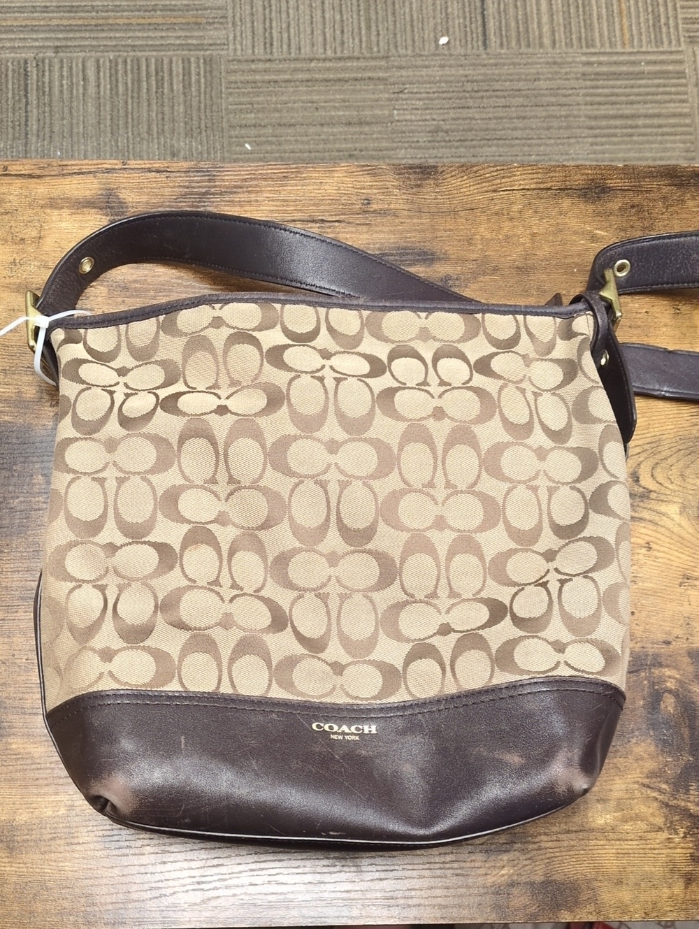 Coach Tan Khaki Signature Canvas Shoulder Bag with Brown Leather Trim